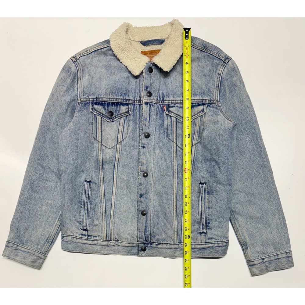 Levis Premium Sherpa Trucker‎ Jacket Mens Large Light Wash Denim Type III Coat